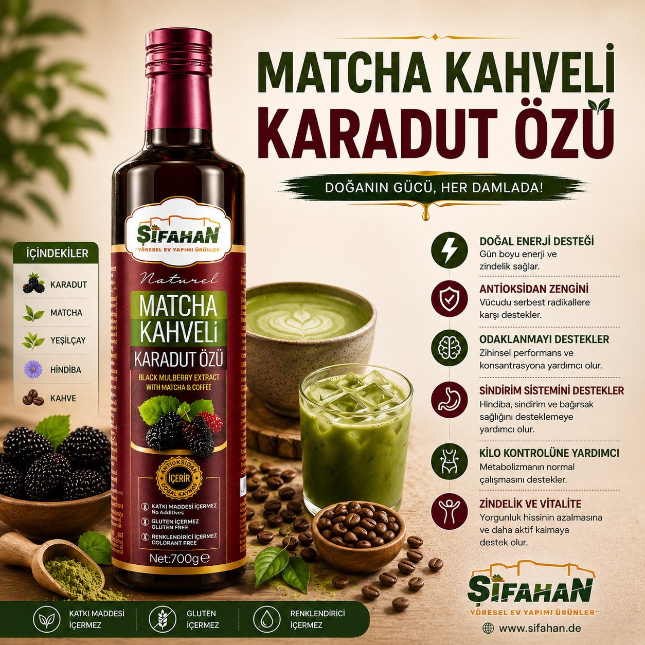 Matcha Kahveli Karadut Özü (700g)